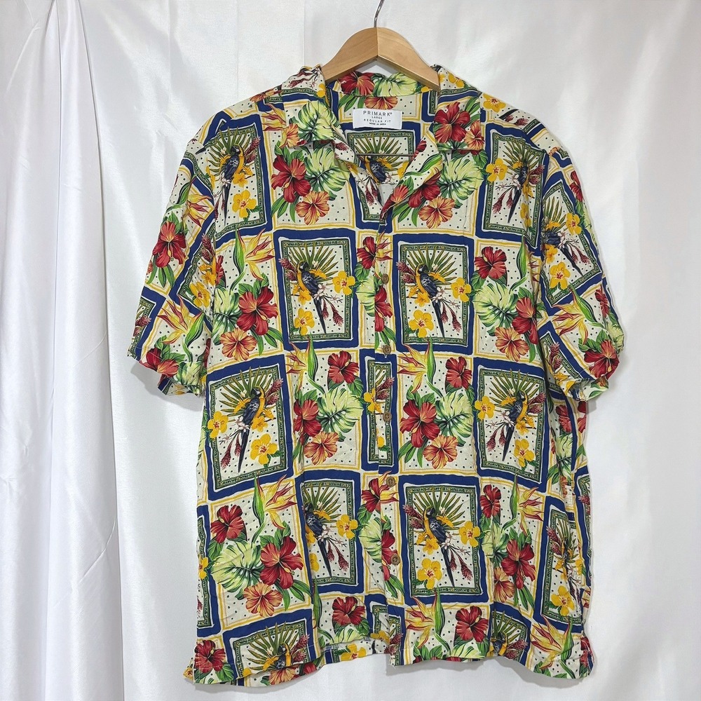 Primark Mens Large Tropical Parrot Hibiscus Floral Button Down Viscose Shirt L